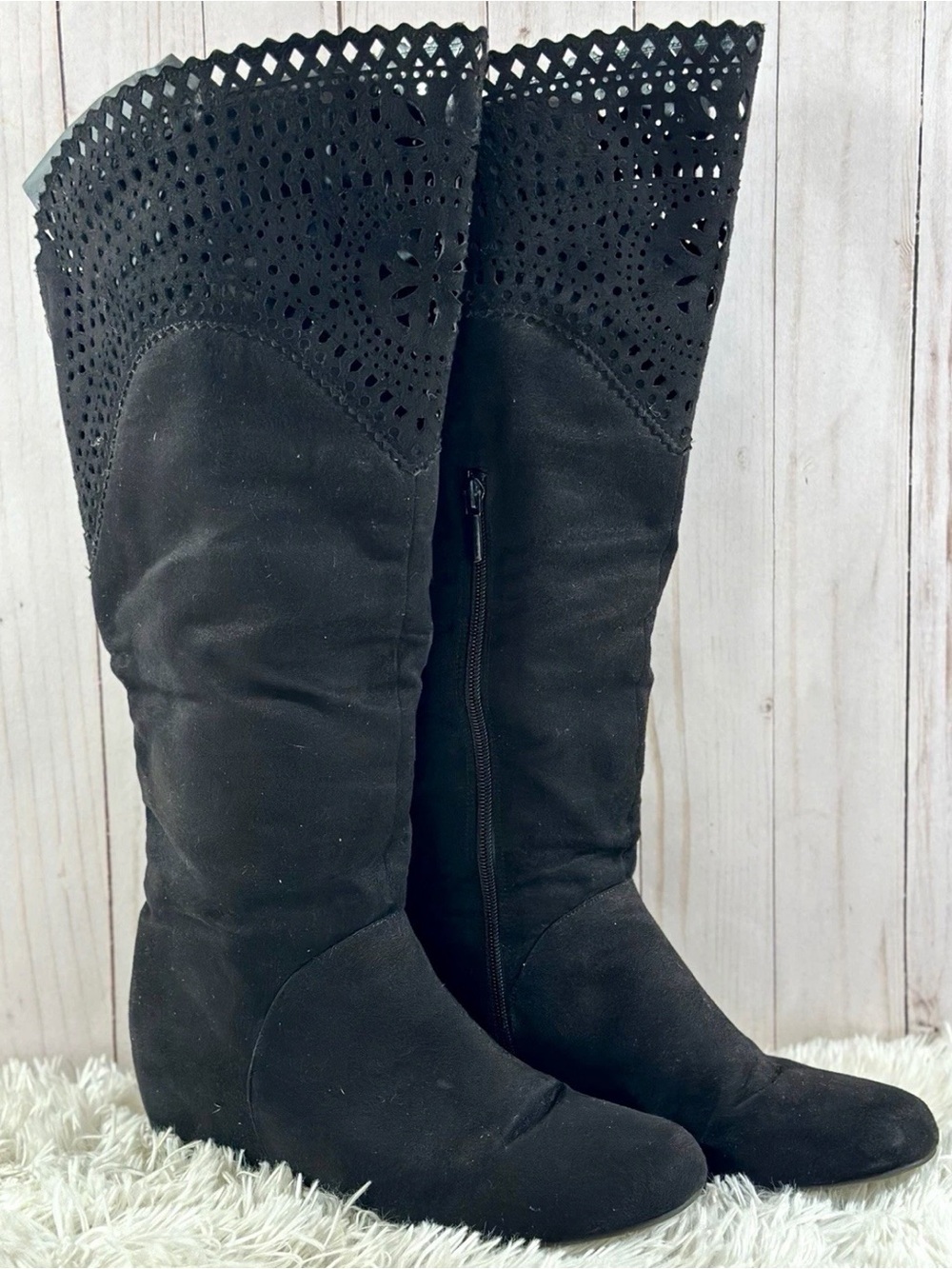 Black Perforated Knee-High Wedge Boots - Women